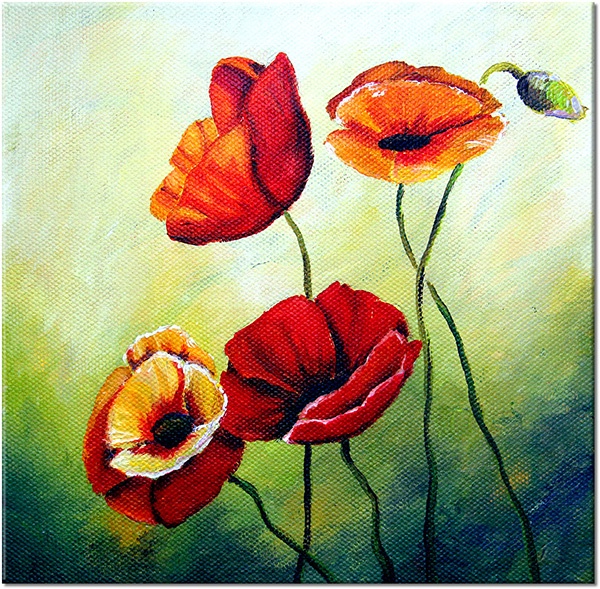 canvas-leinwandbild, blumen, grun, kunst, malereien, mohnblumen, orange, rot, stillleben-andere-gemalde