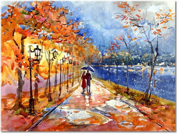 canvas-leinwandbild, baeume, beige, blau, braun, bunt, gelb, grau, herbst, kunst, malereien, malereien-personen-gestalten, orange, paare, regen, rot, schwarz, strasse, violett, weiss