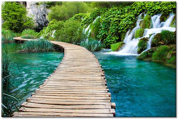 canvas-leinwandbild, beige, blau, bruecken, cyan, grun, landschaft, meer-wasserfalle-seen, seen, wasserfaelle