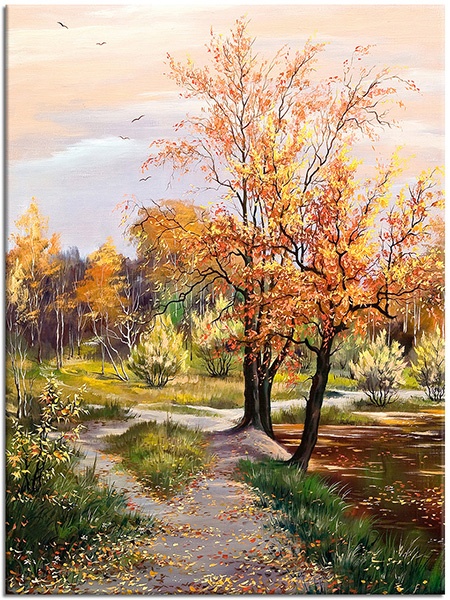 canvas-leinwandbild, baeume, beige, blumen, braun, bunt, gelb, grun, herbst, kunst, landschaft, malereien, malereien-landschaften, orange, pink, schwarz, seen, violett, waelder, walder