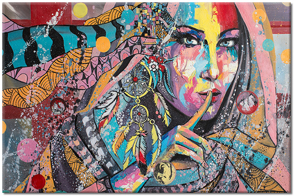 canvas-leinwandbild, abstrakt-fantasie, blau, bunt, frauen, gelb, kunst, malereien, malereien-personen-gestalten, pink, portraets, rot, zeitgenoessische-kunst