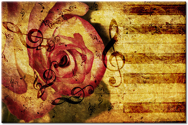 canvas-leinwandbild, abstrakt-fantasie, braun, kunst, musik, rosen, rot, sepia, vintage, zeitgenoessische-kunst