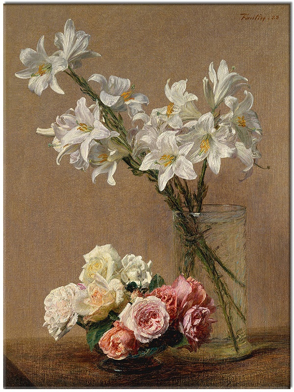 canvas-leinwandbild, beige, blumen, braun, fantin-latour, grun, kunst, lilien, malereien, pink, rosen, stillleben, stillleben-andere-gemalde, violett, weiss