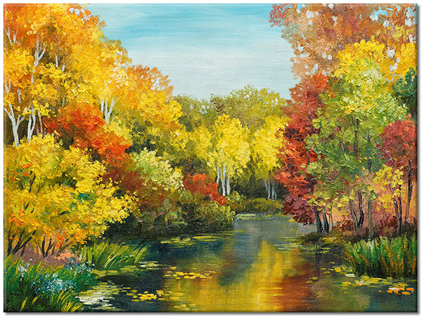 canvas-leinwandbild, baeume, fluss, gelb, grun, herbst, kunst, malereien, malereien-landschaften, orange, rot, waelder