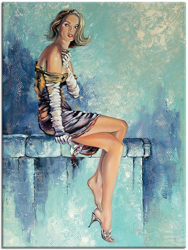 canvas-leinwandbild, bars, beige, blau, cyan, frauen, kleider, kunst, malereien, malereien-personen-gestalten, sexy, sonstiges, violett, wein, zigarette