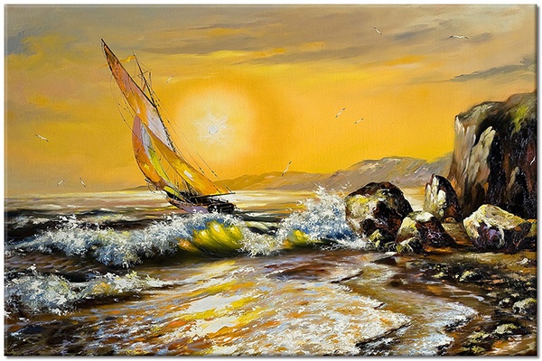 canvas-leinwandbild, beige, boote-schiffe, braun, gelb, grau, himmel, klippen, kunst, malereien, malereien-landschaften, meer, orange, schwarz, sonne, sonnenaufgang, sonnenuntergang, weiss, wellen