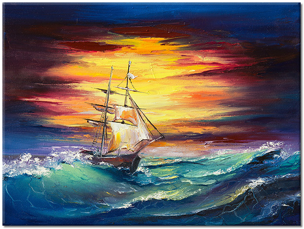 canvas-leinwandbild, beige, boote-schiffe, braun, cyan, gelb, grun, himmel, kunst, malereien, malereien-landschaften, meer, orange, sturm, wellen