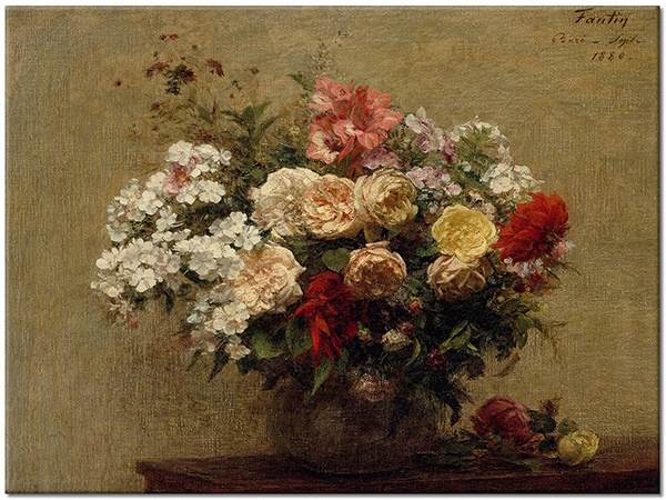 canvas-leinwandbild, beige, blumen, braun, fantin-latour, gelb, kunst, malereien, rosen, rot, stillleben, stillleben-andere-gemalde, weiss