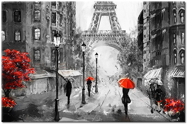 canvas-leinwandbild, eiffelturm, frankreich, gebaeude, grau, kunst, landschaft, malereien, malereien-landschaften, paris, regenschirme, rot, schwarz, schwarz-weiss, silhouetten, stadtische-landliche-landschaften, staedte, strasse, weiss