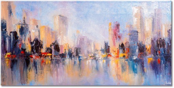 canvas-leinwandbild, beige, blau, gelb, grau, landschaft, malereien, malereien-landschaften, orange, pink, schwarz, stadtische-landliche-landschaften, violett