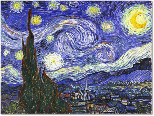 canvas-leinwandbild, baeume, blau, braun, gelb, grun, kunst, malereien, malereien-landschaften, mond, nacht, orange, sterne, van-gogh, violett