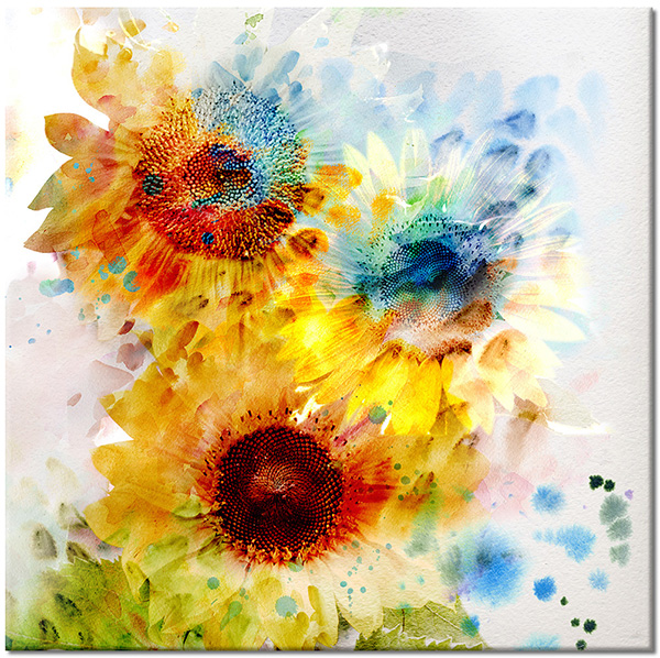 canvas-leinwandbild, abstrakt-fantasie, aquarell, blau, blumen, gelb, grun, kunst, malereien, orange, sonnenblume, stillleben-andere-gemalde, zeitgenoessische-kunst