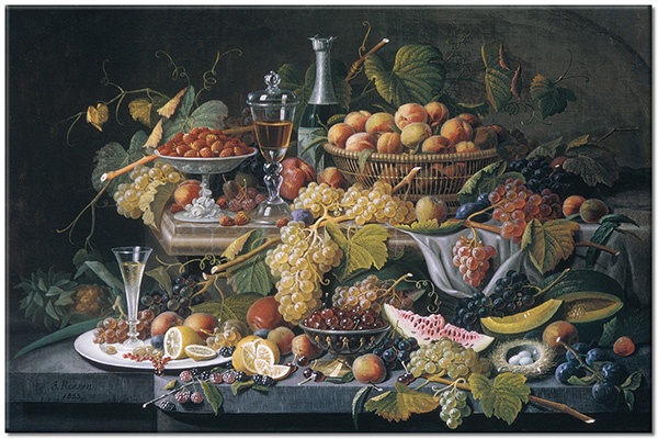 canvas-leinwandbild, bunt, essen-getranke, fruchte, gelb, grau, grun, kuche, kunst, malereien, orange, roesen, sonstiges, stillleben, stillleben-andere-gemalde, trauben, violett, wein