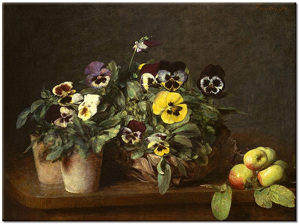 canvas-leinwandbild, blumen, braun, fantin-latour, fruchte, gelb, grun, kunst, malereien, stiefmuetterchen, stillleben, stillleben-andere-gemalde, violett