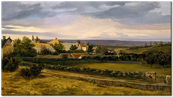 canvas-leinwandbild, andere-landschaften, beige, blau, doerfer, felder, gebaeude, grun, kunst, landschaft, malereien, malereien-landschaften, rousseau, weiss