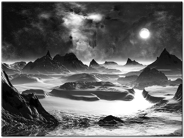 canvas-leinwandbild, abstrakt-fantasie, astronomie, berge, blau, braun, landschaft, orange, schwarz, sonstiges, violett, weiss