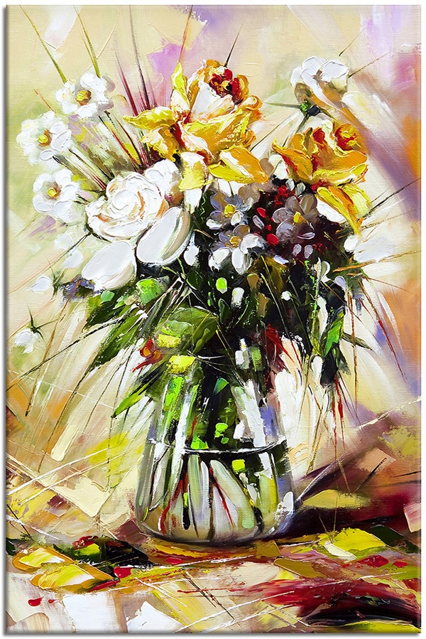canvas-leinwandbild, beige, blumen, braun, bunt, gelb, grun, kunst, malereien, orange, rot, schwarz, stillleben, stillleben-andere-gemalde, vase, violett, weiss