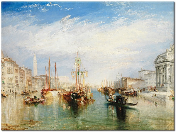 canvas-leinwandbild, beige, blau, boote-schiffe, fluss, italien, kunst, landschaft, malereien, malereien-landschaften, stadtische-landliche-landschaften, staedte, venedig, weiss