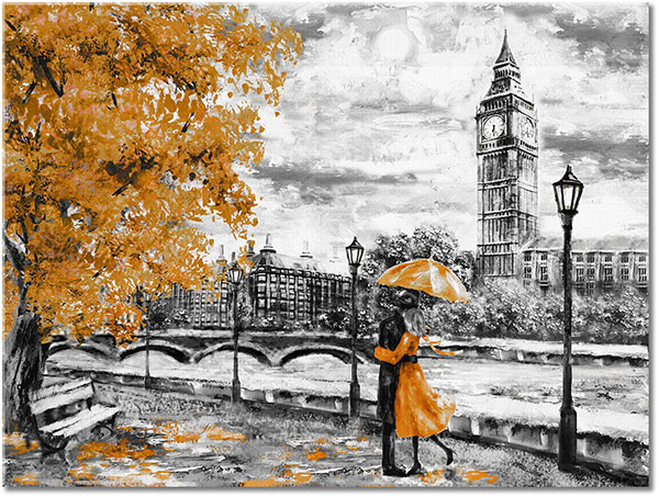 canvas-leinwandbild, big-ben, gebaeude, grau, grossbritannien, herbst, kunst, london, malereien, malereien-landschaften, malereien-personen-gestalten, paare, pink, rot, schwarz, schwarz-weiss, staedte, weiss