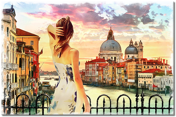 canvas-leinwandbild, beige, bunt, frauen, gebaeude, grau, italien, kunst, landschaft, rot, stadtische-landliche-landschaften, staedte, tourismus, venedig, zeitgenoessische-kunst