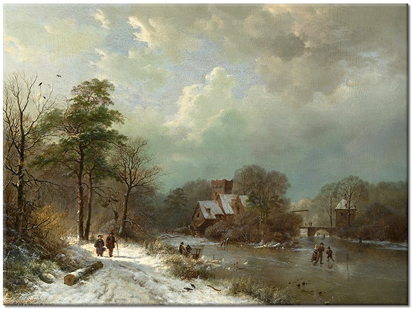 canvas-leinwandbild, andere-landschaften, baeume, blau, braun, grau, grun, koekkoek, kunst, landschaft, malereien, malereien-landschaften, schnee, seen, weiss, winter