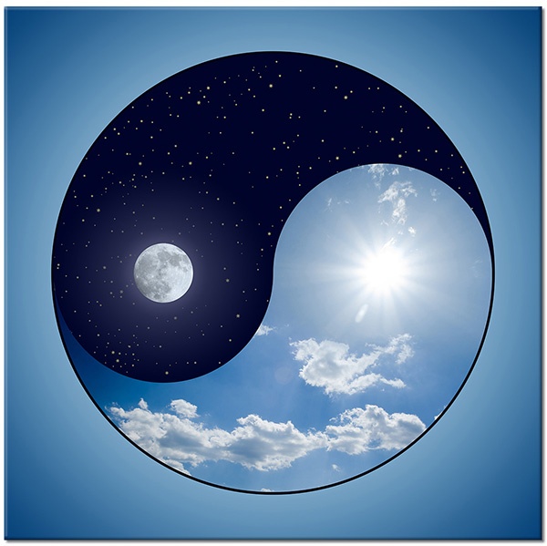 canvas-leinwandbild, blau, feng-shui-zen, grau, himmel, kunst, mond, nacht, sonne, sterne, symmetrie, tag, weiss, wolken, yin-yang, zeitgenoessische-kunst
