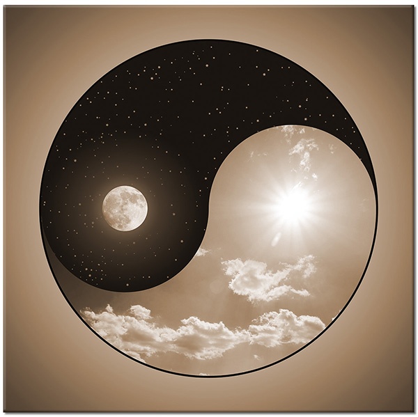 canvas-leinwandbild, blau, feng-shui-zen, grau, himmel, kunst, mond, nacht, sonne, sterne, symmetrie, tag, weiss, wolken, yin-yang, zeitgenoessische-kunst