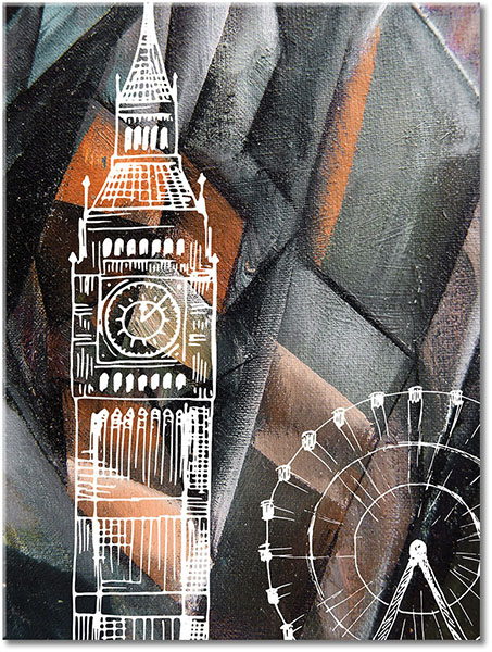 canvas-leinwandbild, abstrakt-fantasie, big-ben, bilder-abstrakt, braun, gebaeude, gelb, grau, grossbritannien, grun, kunst, london, london-eye, malereien, schwarz, staedte, weiss, zeichnung, zeitgenoessische-kunst