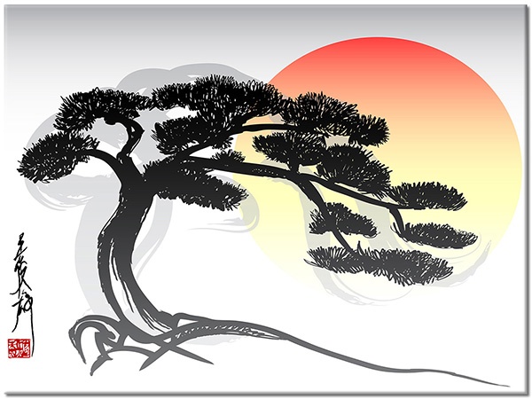canvas-leinwandbild, abstrakt-fantasie, baeume, bonsai, feng-shui-zen, gelb, grau, japan, orange, rot, schwarz, sonne, sonstiges, verschiedene, weiss, zeichnung