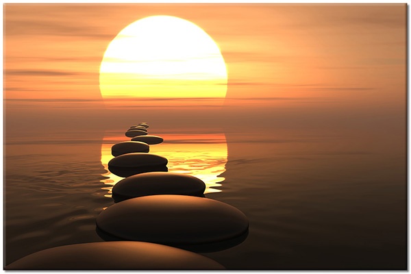canvas-leinwandbild, braun, felsen, feng-shui-zen, gelb, meer, orange, rot, sonne, sonnenaufgang, sonnenuntergang, spiegelung, weiss