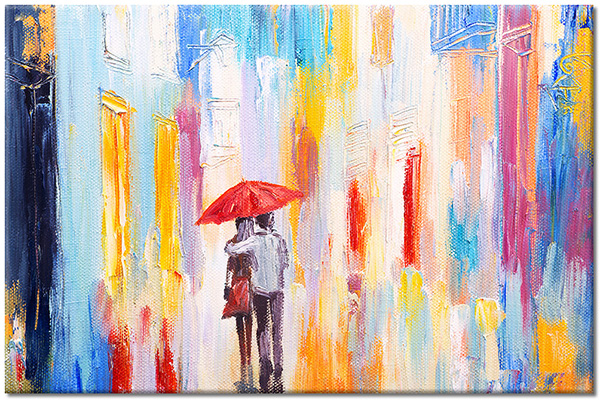 canvas-leinwandbild, bilder-abstrakt, blau, bunt, gelb, kunst, malereien, malereien-personen-gestalten, paare, regenschirme, rot