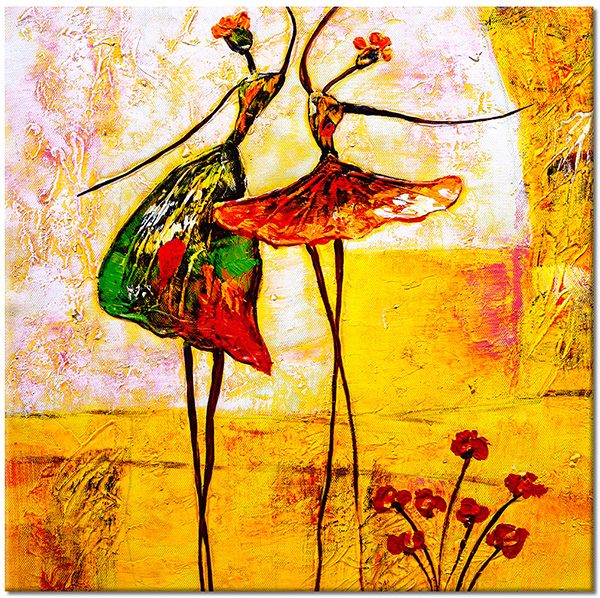 canvas-leinwandbild, bilder-abstrakt, frauen, gelb, grun, kunst, malereien, orange, silhouetten, tanz