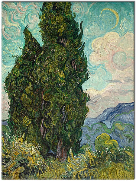 canvas-leinwandbild, baeume, blau, blumen, cyan, gelb, grun, himmel, kunst, malereien, malereien-landschaften, van-gogh, wolken