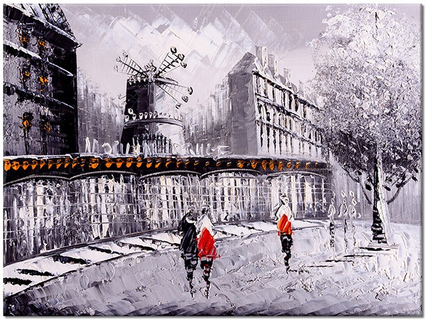canvas print, art, black, cities, france, gray, moulin-rouge, orange, paintings, paintings-landscapes, paris, red, silhouettes, white