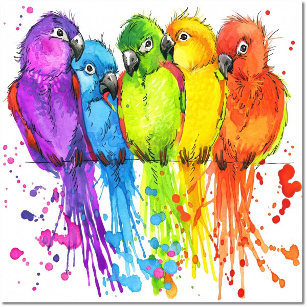 tableau sur toile, animaux, art, blanc, bleu, dessin, enfants, jaune, multicolore, nature-morte-autres-peintures, oiseaux, oiseaux-poissons-insectes, orange, peintures, perroquets, rouge, vert, violet