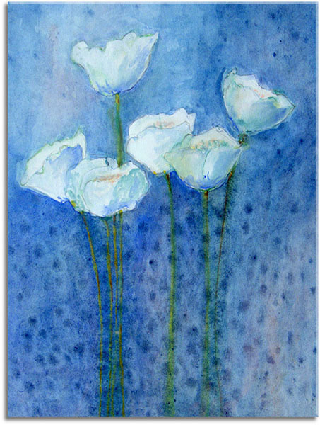 tableau sur toile, aquarelle, art, blanc, bleu, coquelicots, fleurs, nature-morte-autres-peintures, peintures, vert, violet