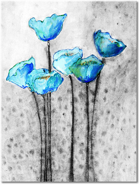 tableau sur toile, aquarelle, art, blanc, bleu, coquelicots, fleurs, nature-morte-autres-peintures, peintures, vert, violet