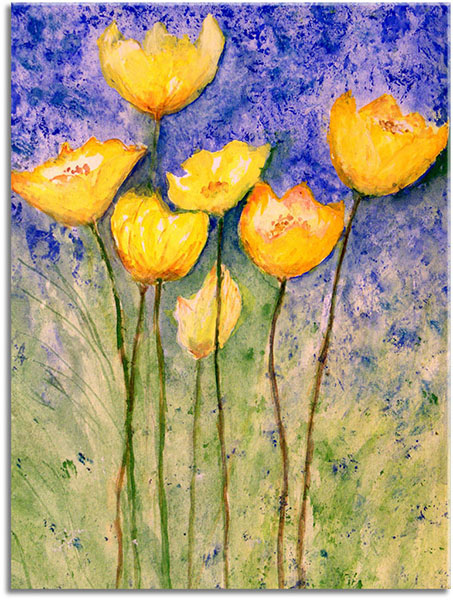 tableau sur toile, aquarelle, art, bleu, coquelicots, fleurs, jaune, nature-morte-autres-peintures, orange, peintures, vert, violet
