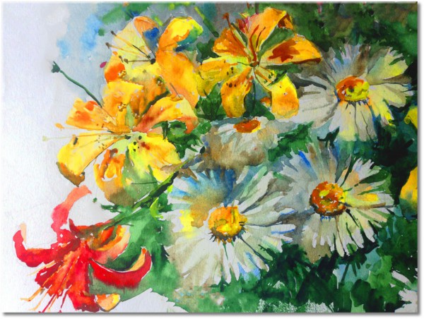 tableau sur toile, aquarelle, art, fleurs, gris, jaune, multicolore, nature-morte-autres-peintures, peintures, rouge, vert