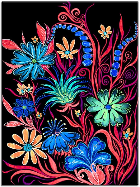 tableau sur toile, bleu, fleurs, nature-morte-autres-peintures, noir, orange, peintures, rose, rouge, vert, violet