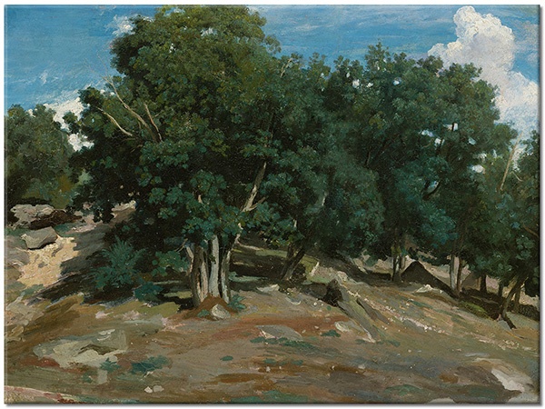 tableau sur toile, arbres, art, beige, bleu, chenes, corot, fleurs, marron, peintures, peintures-paysages, vert