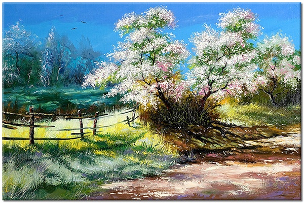tableau sur toile, arbres, art, blanc, bleu, jaune, marron, noir, orange, peintures, peintures-paysages, printemps, vert