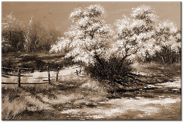 tableau sur toile, arbres, art, blanc, bleu, jaune, marron, noir, orange, peintures, peintures-paysages, printemps, vert