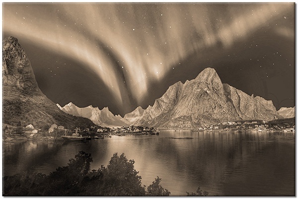 tableau sur toile, astronomie, aurora-boreales, beige, blanc, bleu, ciel, divers, etoiles, gris, lacs, marron, montagnes, neige, paysages, rochers, vert