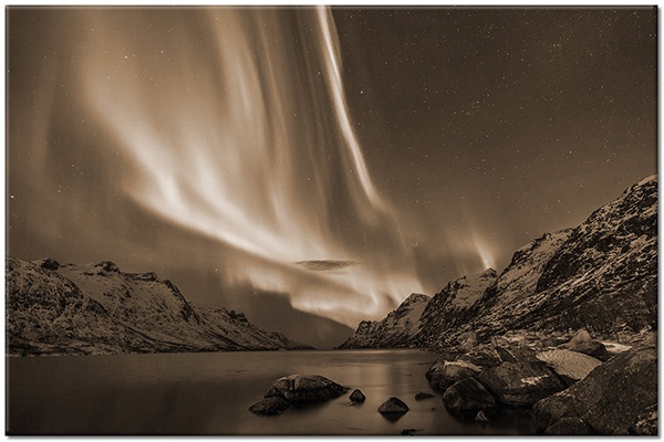 tableau sur toile, astronomie, aurora-boreales, blanc, bleu, ciel, cyan, divers, etoiles, jaune, lacs, marron, montagnes, neige, paysages, rochers, vert