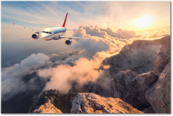 tableau sur toile, autres, avions, beige, bleu, ciel, divers, gris, jaune, marron, nuages, orange, rochers, rouge, soleil, tourisme, voitures-trains-navires-avions, vol