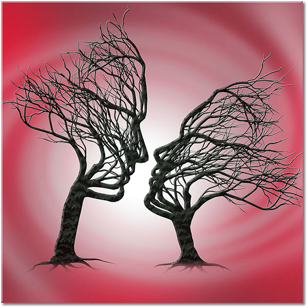tableau sur toile, abstrait-fantaisie, arbres, art, art-contemporain, baiser, beige, blanc, bois, couples, gris, marron, noir, orange, portraits, silhouettes