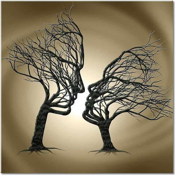 tableau sur toile, abstrait-fantaisie, arbres, art, art-contemporain, baiser, beige, blanc, bois, couples, gris, marron, noir, orange, portraits, silhouettes