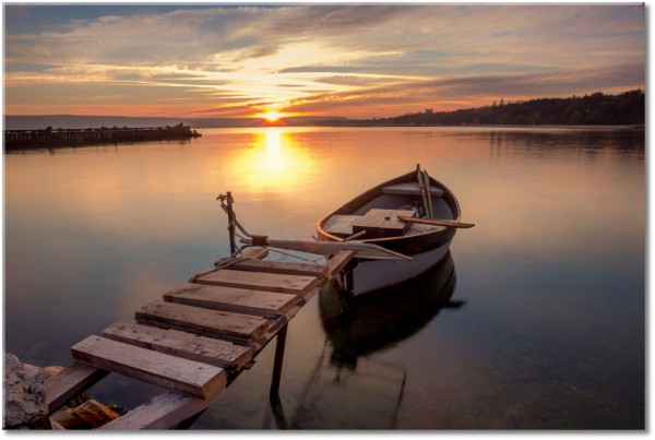 tableau sur toile, bateaux-navires, beige, ciel, coucher-soleil, gris, jaune, lacs, marron, mer-cascades-lacs, miroir, nuages, orange, paysages, sepia, soleil