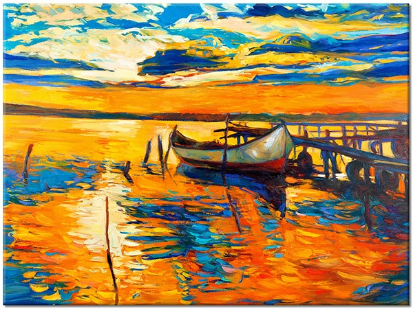 tableau sur toile, art, bateaux-navires, beige, bleu, ciel, coucher-soleil, jaune, lever-du-soleil, mer, mer-cascades-lacs, multicolore, nuages, orange, paysages, peintures, peintures-paysages, ponts